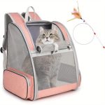 Cat Backpack Carrier, Large Pet Backpack with Kitten Wand Feather Toy for Medium Small Dog Cat Puppy Kitty Bunny up to 15lbs, Ventilated Mesh Dog Travel Carrier for Hiking Walking Outdoor Use(P)
