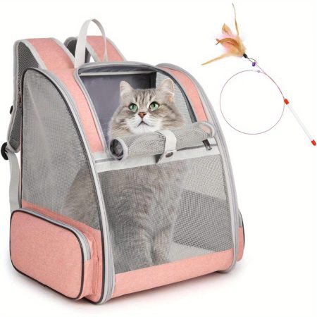 Cat Backpack Carrier, Large Pet Backpack with Kitten Wand Feather Toy for Medium Small Dog Cat Puppy Kitty Bunny up to 15lbs, Ventilated Mesh Dog Travel Carrier for Hiking Walking Outdoor Use(P)