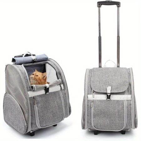 Convertible Pet Backpack Carrier with Wheels - 2-in-1 Travel Crate & Backpack, Heavy-Duty High Quality & Scratch-Resistant, Spacious Interior for Dogs, Cats, Puppies up to 16 lbs, Extendable Handle & Side Pockets - for Airplane, Vet, Shopping - Grey, Dog